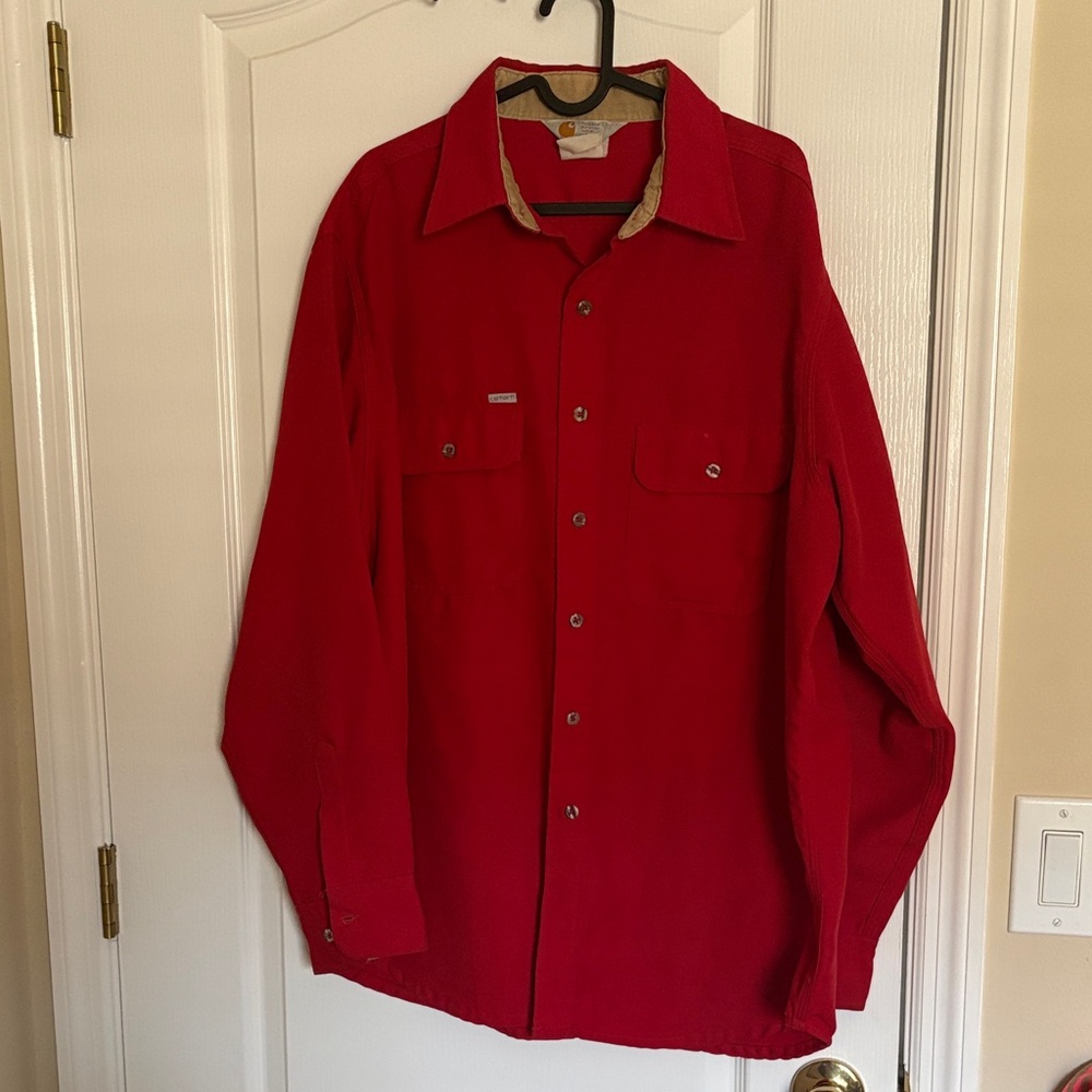 Vtg. Carhartt Rugged Outdoor Wear Red Shirt Jacket w/ Corduroy Collar & Cuffs